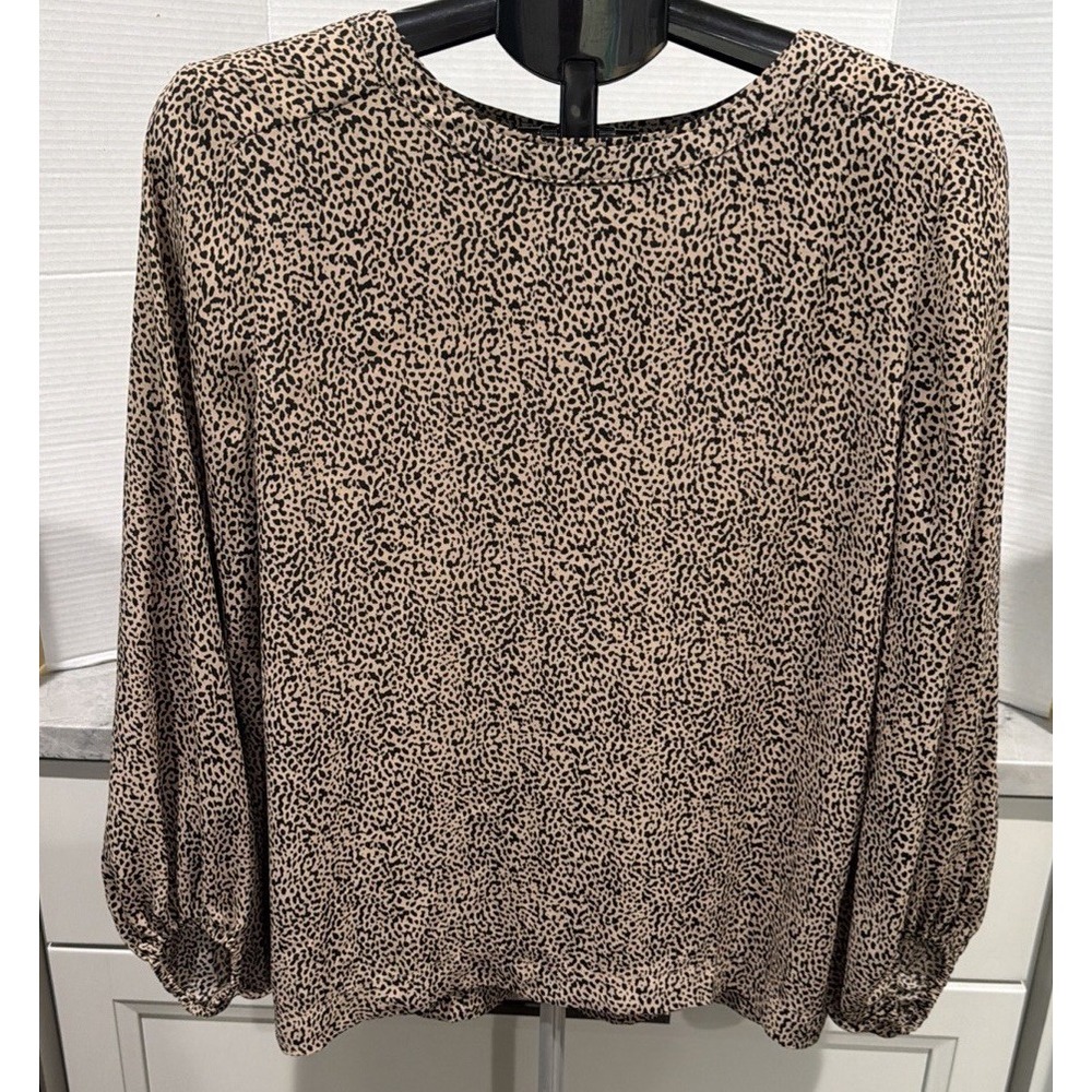 Loft Blouse Top Womens M Tan Black Leopard Print Balloon Sleeve Shirred Cuffs